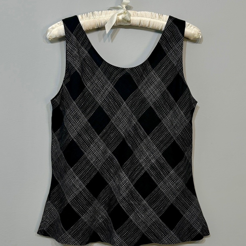 Valerie Stevens Tank Top Women 4 Black Excellent Pure Linen Plaid Sleeveless - Picture 2 of 5